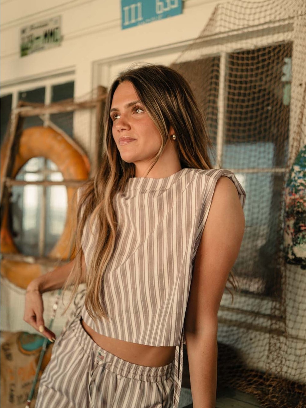 Tribe Kelly Grayton Tank Stripes Crop Top In Mocha Size XS NWOT - Picture 3 of 10